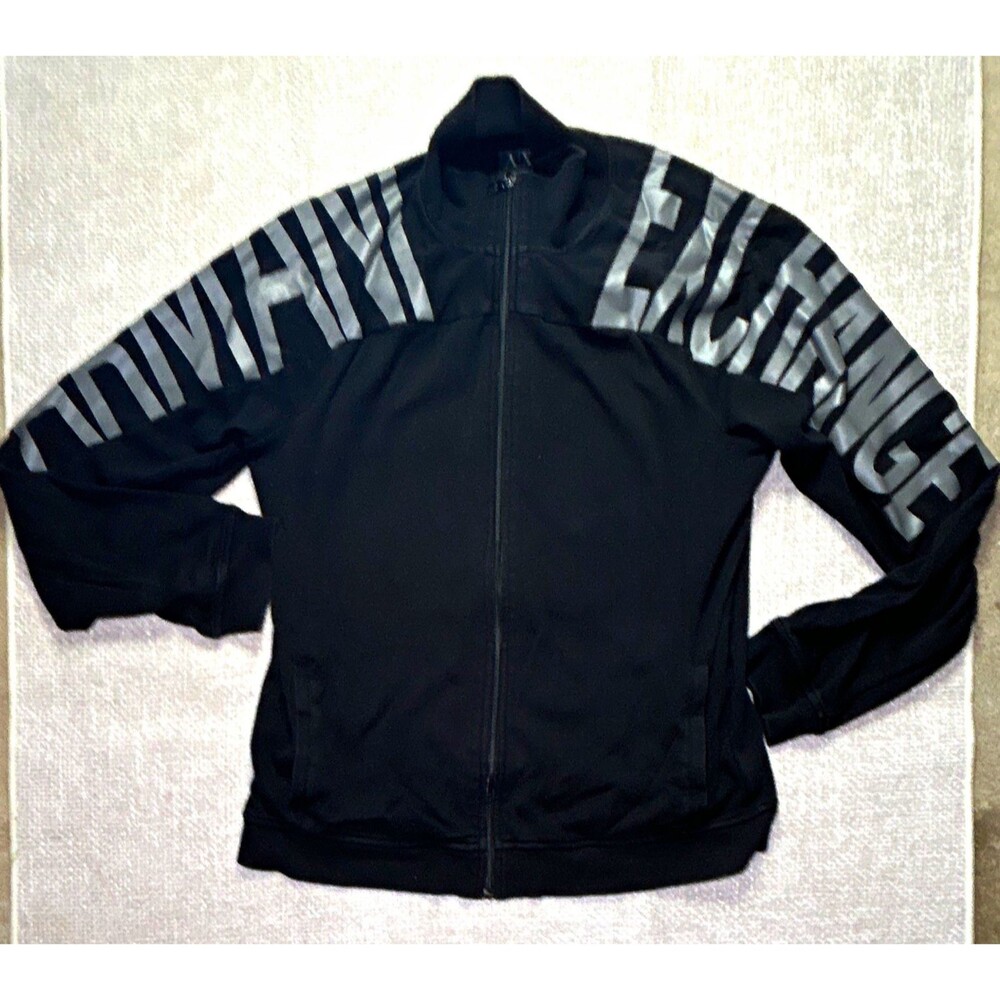 Armani Exchange AX Track Jacket Men's Large Black Silver Shoulder Spellout Zip